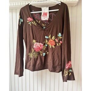 Johnny Was Deep V-Neck Rose Embroidered Y2K Long Sleeve Top Boho Bohemian Sz M